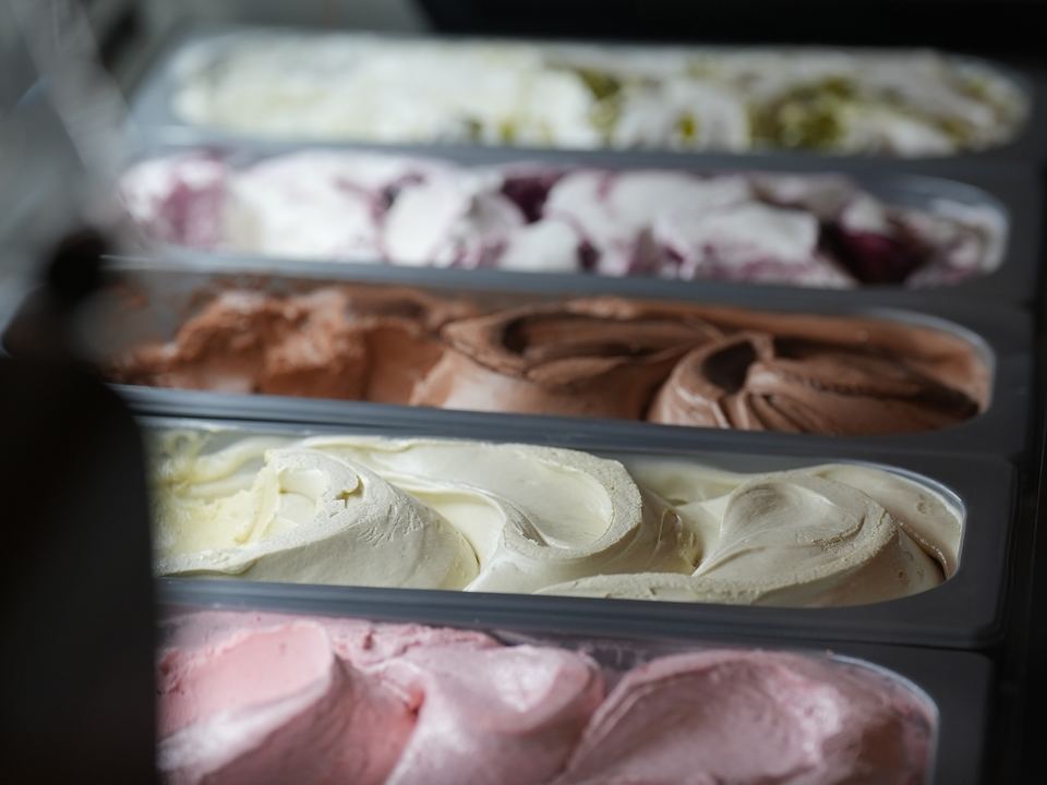 Trays of gelato in the display cabinet